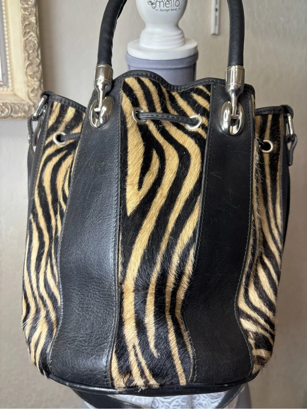 Valentina Black & Cream Zebra-Print Drawstring Bucket bag with Leather Trim